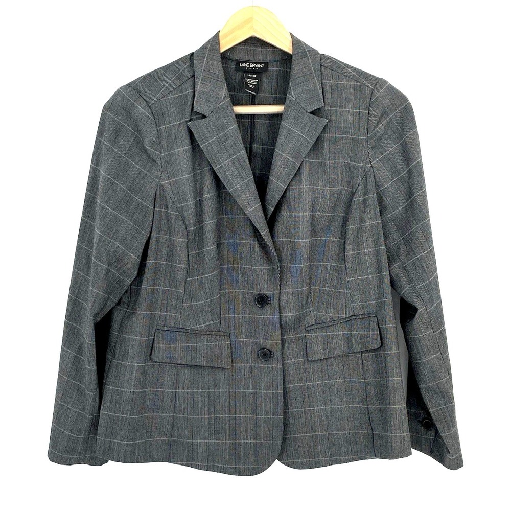 Lane Bryant Womens Plus 14/16W Blazer Gray Window Pane Plaid Prep Academia